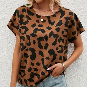 Brown Black Animal Print Short Sleeve Blouse